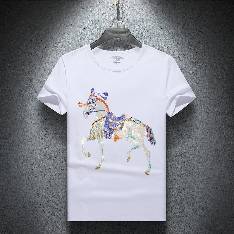 Summer Men's Short-sleeved Cotton T-shirt Shinning Luxury Horse Hot Drilling T-shirt Men's Casual Rhinestone Tshirt Big Size