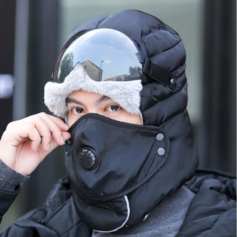 MAERSHEI Fleece Earmuffs Hat Skiing Hat Snowboard Riding Motorcycle Men Cycling Bomber Hat with Glasses Windproof Mask