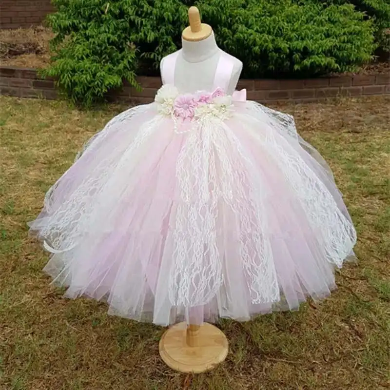 Robe Tutu en dentelle et Tulle pour filles, tenue princesse à fleurs, Vintage, rose, pour fête d'anniversaire, mariage