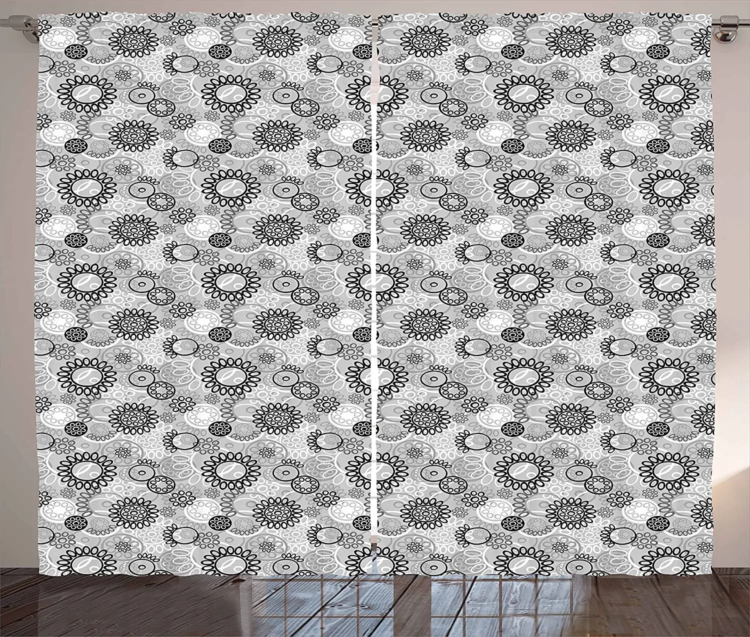 Black and Grey Blackout Curtains Doodle Style Blooming Flowers Greyscale Garden Art with Circles Window Curtain