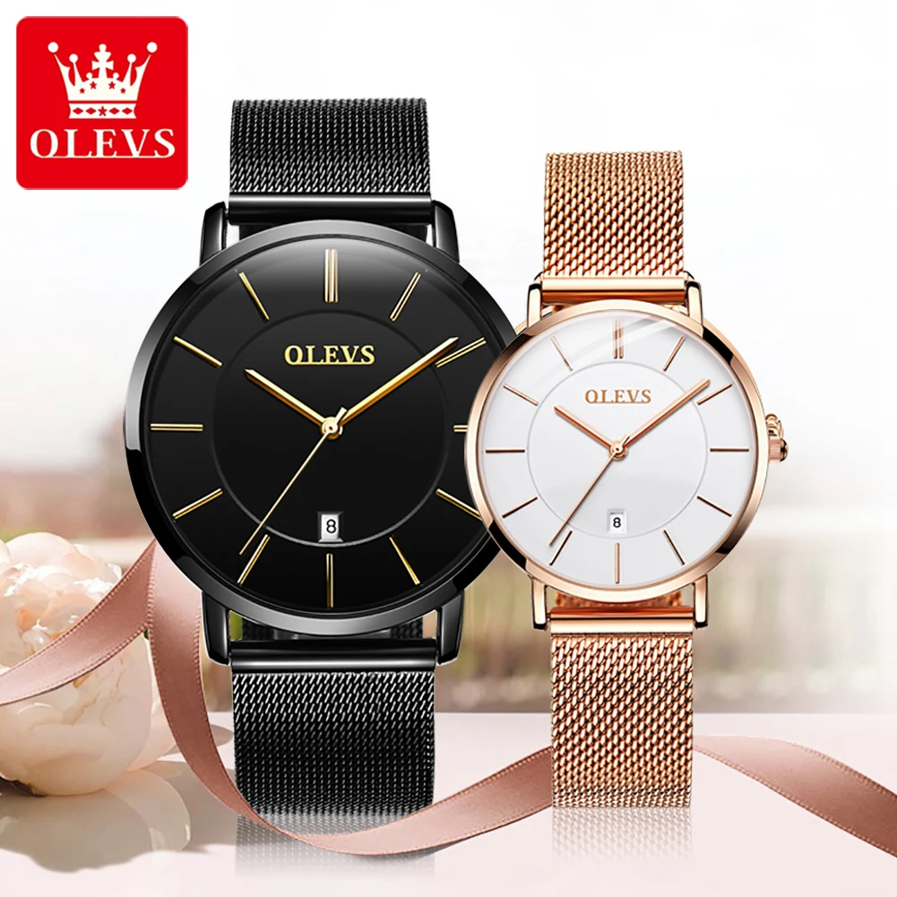 Olevs-Reloj de pulsera de cuarzo ultradelgado para hombre, cronógrafo sencillo con correa de malla, para amantes, con indicador de Fecha