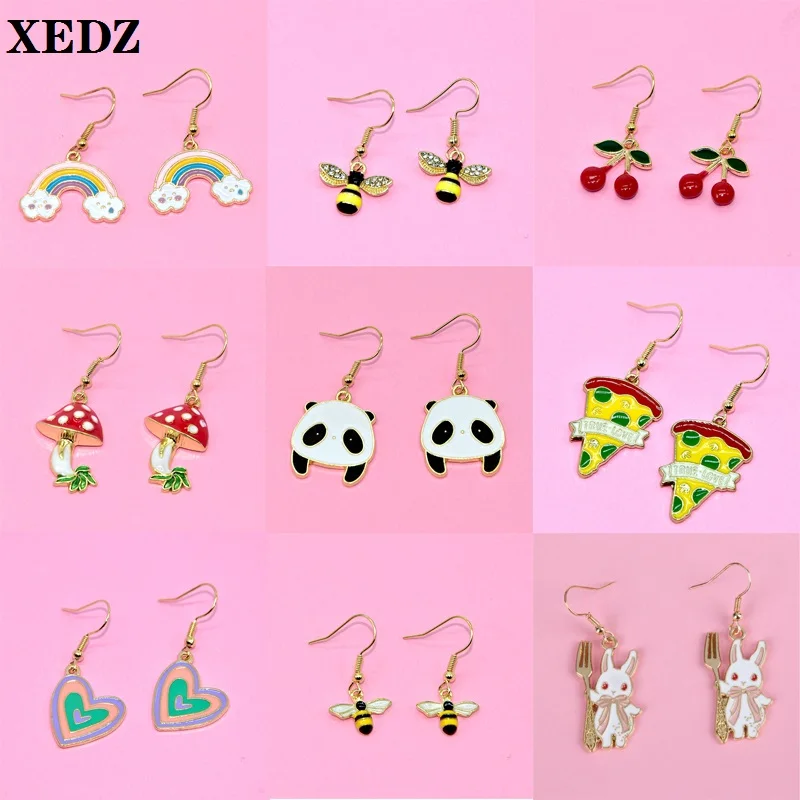 Personality Earrings Rainbow Bee Mushroom Love Bear Pizza Rabbit Carrot Fruit Canned Star Moon Lemon Fish Tail Metal Pendant New