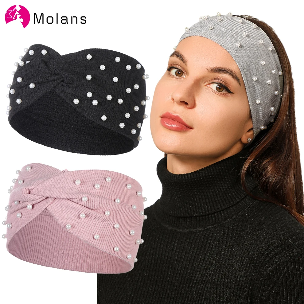 Molans Women Headbands Pearls Hair Bands Knitted Turban Bandana Autumn Winter Elastic Hairband Warm Hair Accessories Headdress