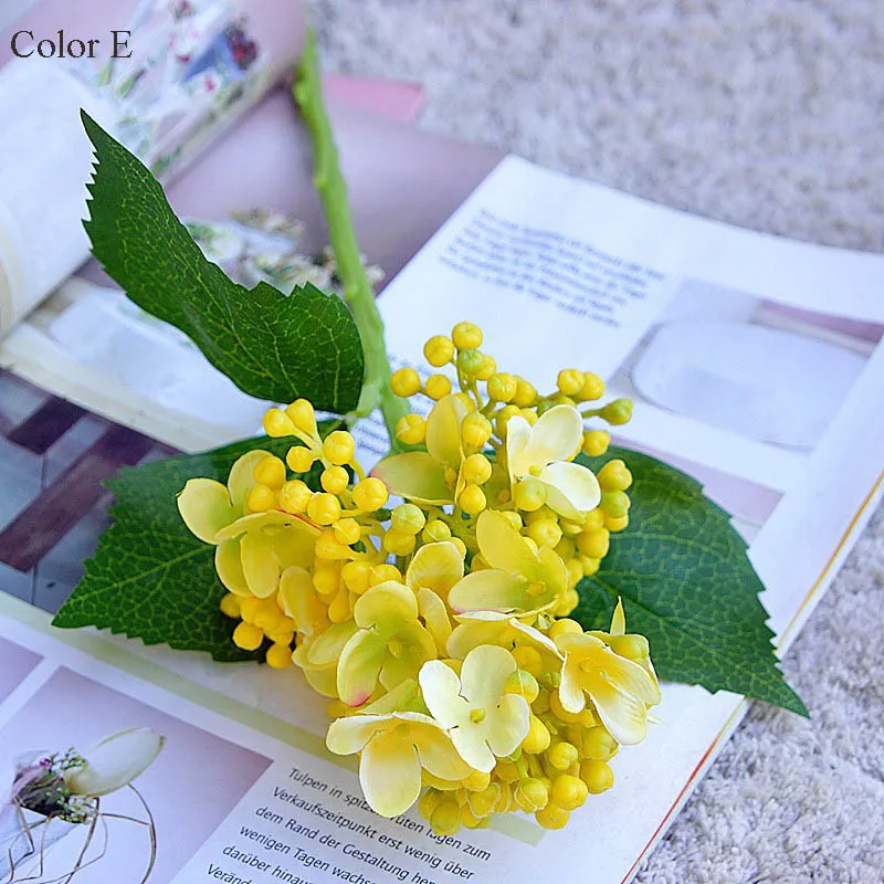 Berry Hydrangea flower short branch with bud fruit and fake leaves silk artificial flowers for home wedding decorations flores
