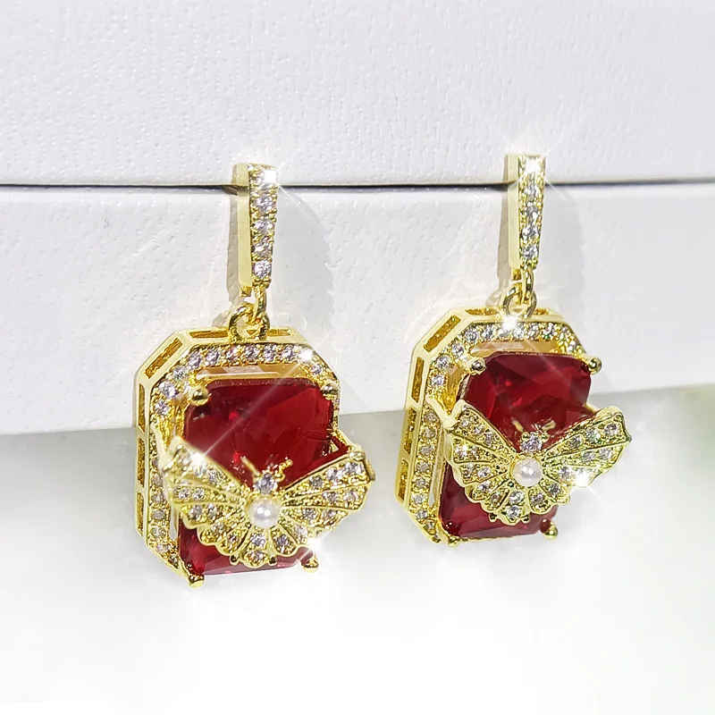 Fashion Elegant Ruby Butterfly Earrings Inlaid Crystal Zircon Three-Dimensional Flower High-Quality Wedding Earring Jewelry Gift