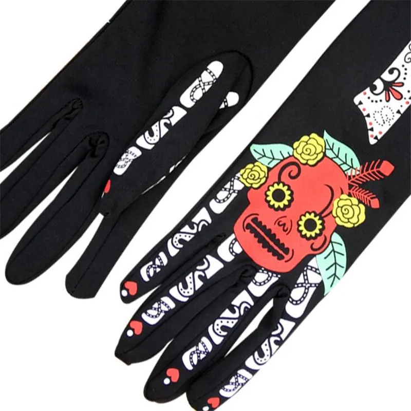 Colorful Skull Skeleton Long Gloves Men Women Halloween Cosplay Accessories Full Finger Mittens guantes