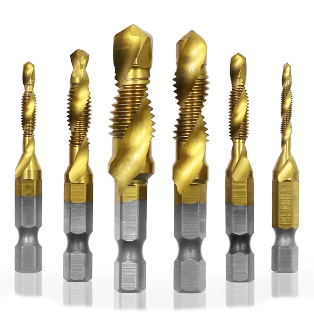 Brocas de grifo métricas de rosca de tornillo HSS chapadas en titanio, vástago hexagonal de M3-M10, 6 piezas