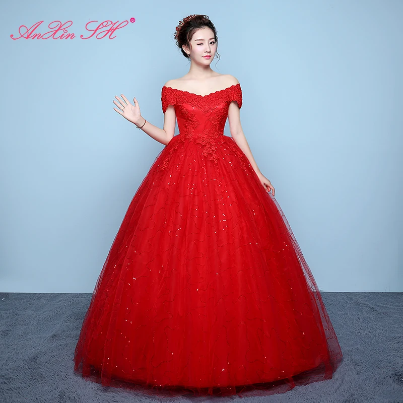 AnXin SH flower lace red princess vintage boat neck illusion crystal flower lace ball gown bride white customized wedding dress