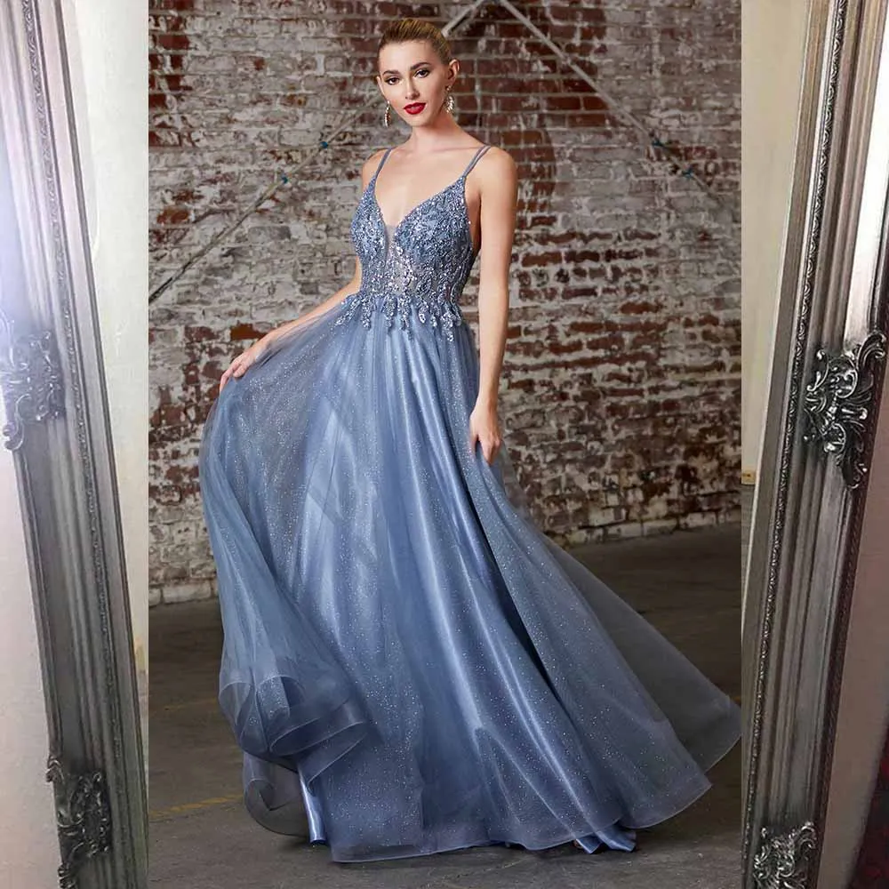 2023 Sparkly Dusty Blue Long Prom Dresses Gala Straps Sequined Beaded Mulheres Vestido de noite Party Night Backless Em estoque