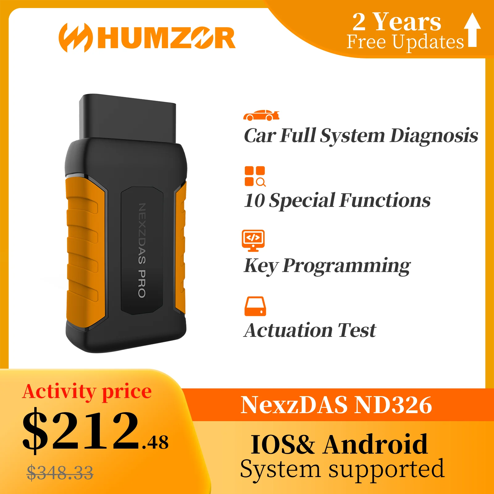 HUMZOR NexzDAS ND326 full system OBD2 Scanner Car Diagnostic Tools Key Programmer Diagnosis for Passenger Car PK Easydiag AP200