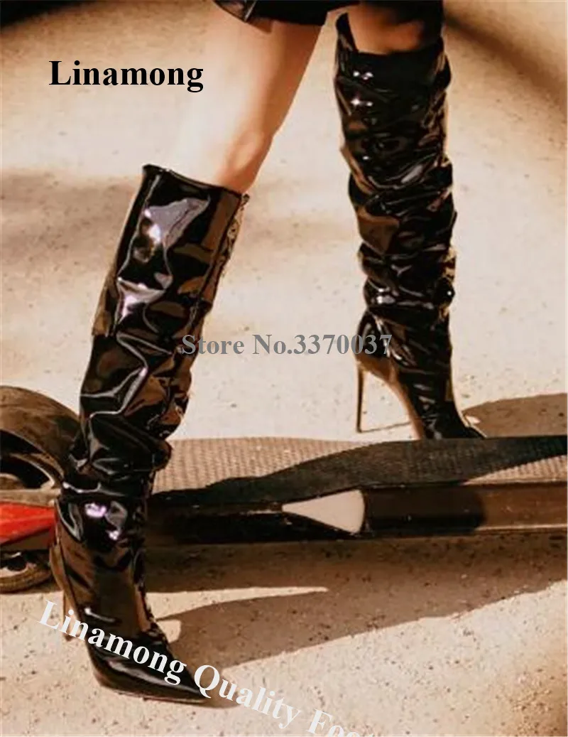 

Women Classical Style Pointed Toe Patent Leather Knee High Stiletto Heel Boots Shining Black White Pleated Long High Heel Boots