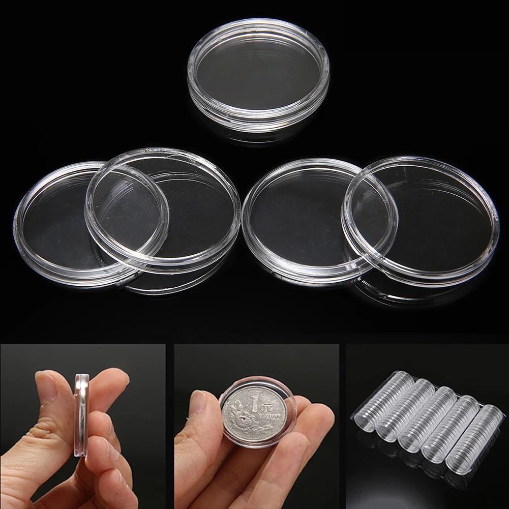 100pcs 27mm Coin Capsules Coins Storage Case Box Container for 2 Euro Coin Holder Container Organizer Coin Collect
