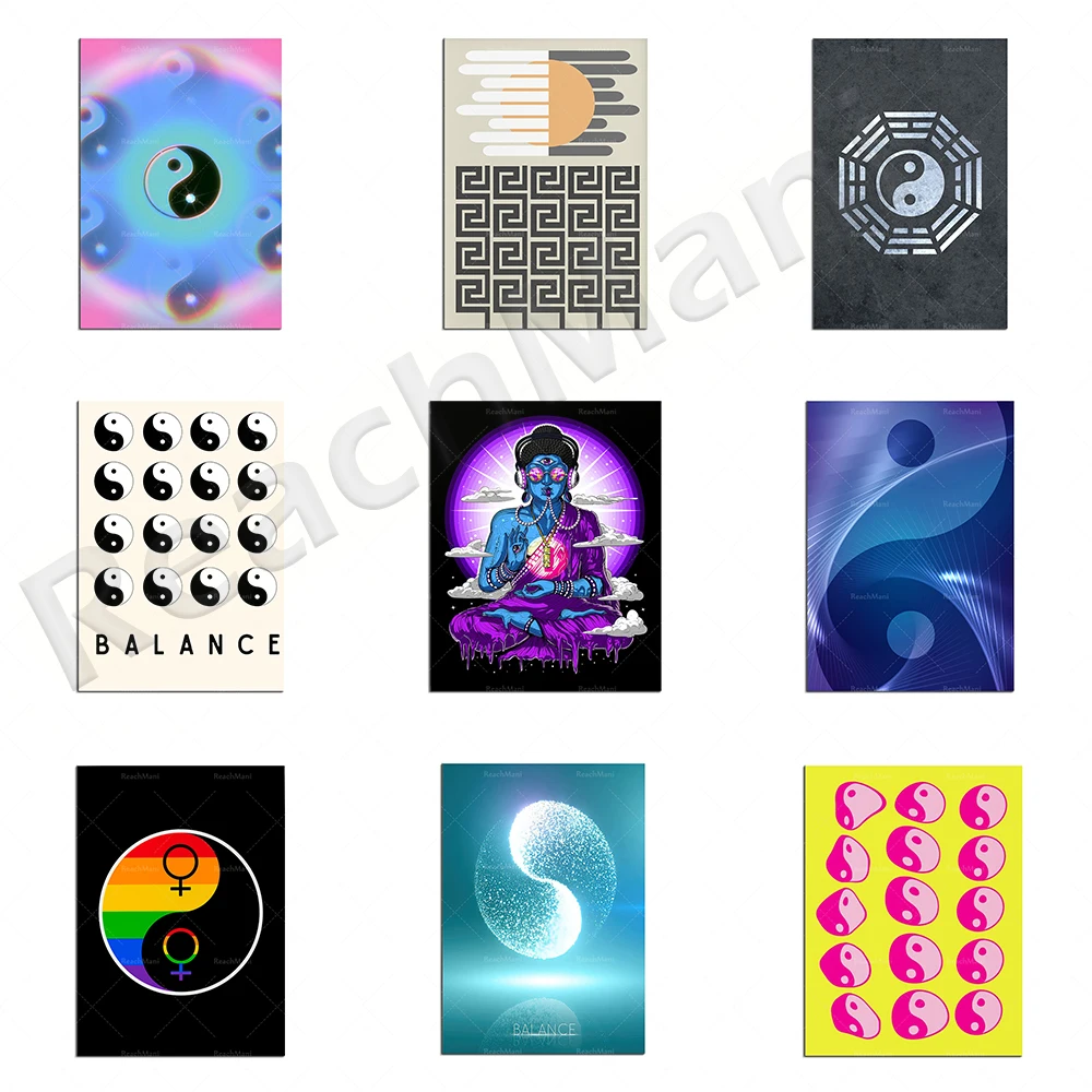 Psychedelic Zen yoga meditation prints, Yin and Yang Qi, Yin and Yang wall decoration, hippie fashion resonating geometric poste