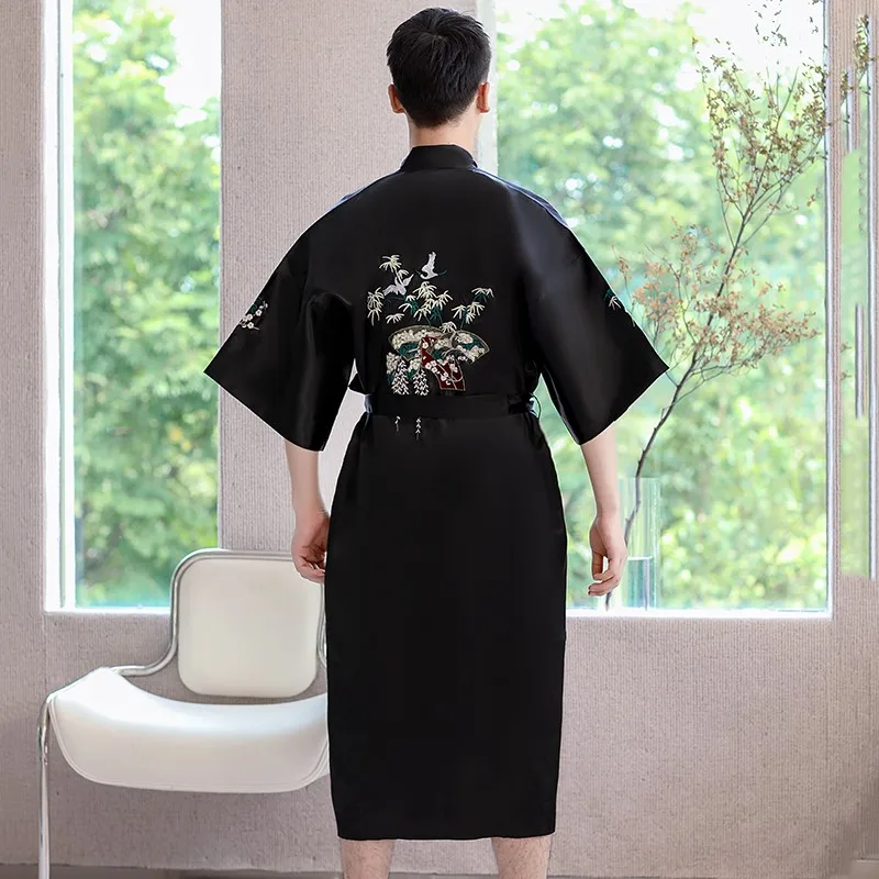 Embroidery Male Kimono Bathrobe Gown Chinese Style Sleepwear Casual Nightgown Loose Nightwear Lingerie Satin Silk Lounge Wear