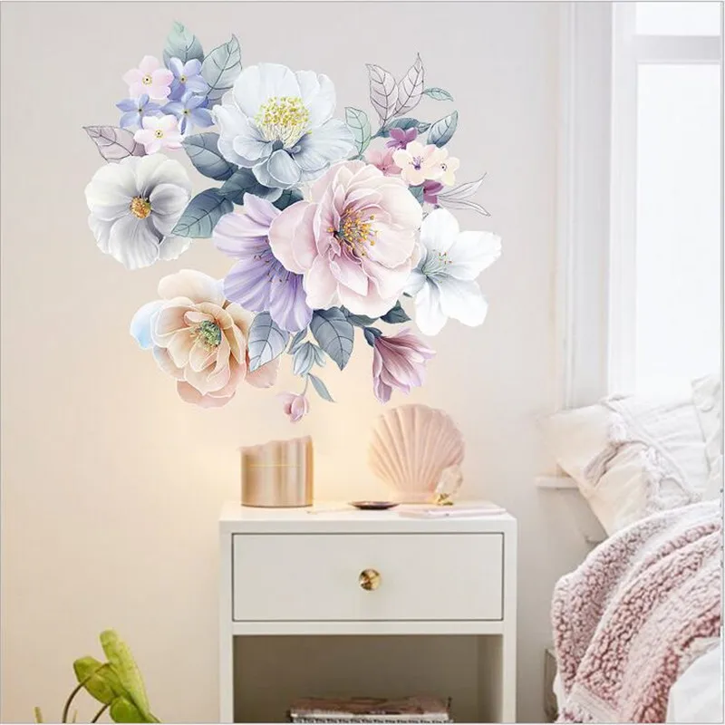 1PCS New Literary Pink Blue Flowers Wall Stickers For Kids Bedroom Bedside Porch Wall Beautification Decorative 30*90CM