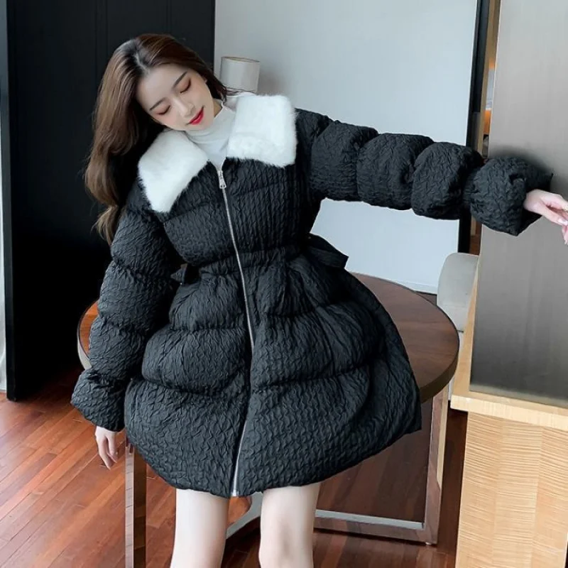 2024 New Fashion Fur Lapel Collar Winter Down Cotton Jacket Female Skirt Style Korean Thick Warm Coat Padded Ladies Clothes