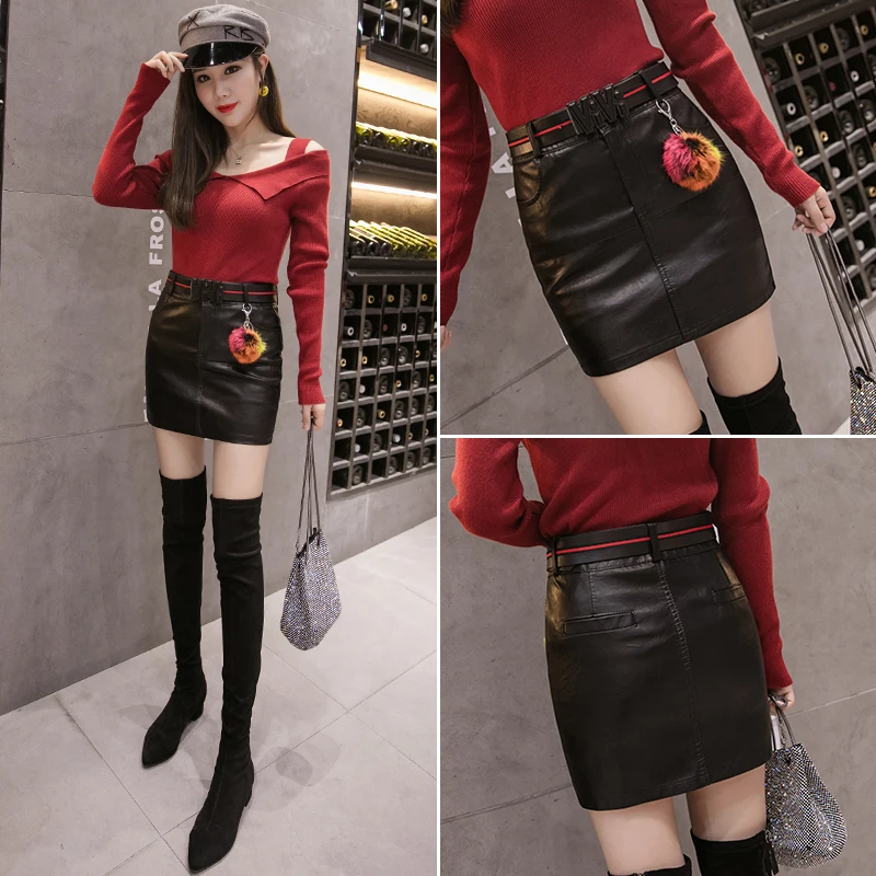 2020 PU leather short skirt women's autumn and winter new skirts high waist bag hips thin leather skirt