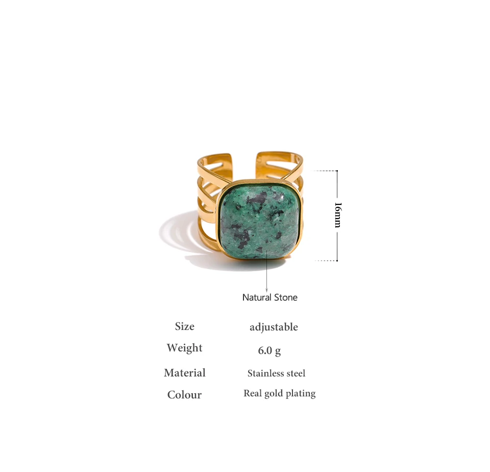 Yhpup Stainless Steel Green Natural Turquoise Opening Ring Statement Golden 18 K Plated Ring bague acier inoxydable Gift New