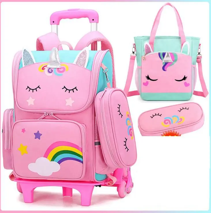 School Trolley Bag For Girls School Trolley Bag For Kids with lunch bag Rolling Backpack Bags Kids School Wheeled Backpack Bag