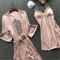 Women Satin Lace Pink Intimate Sleepwear Set 2PCS Nightgown Sexy Lady New Robe Set Brides Bridesmaid Wedding Robe Gown M-XL