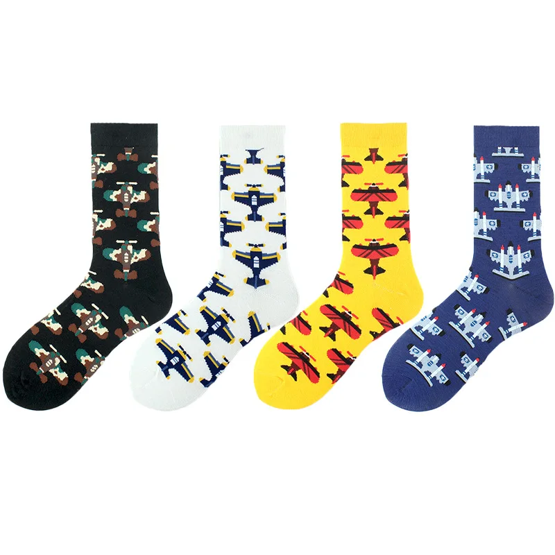 Cool Cartoon Aircraft Plane Cotton Crew Men Socks Autumn Winter Harajuku Designer Fun Crazy Funky Gift Novelty Black Yellow