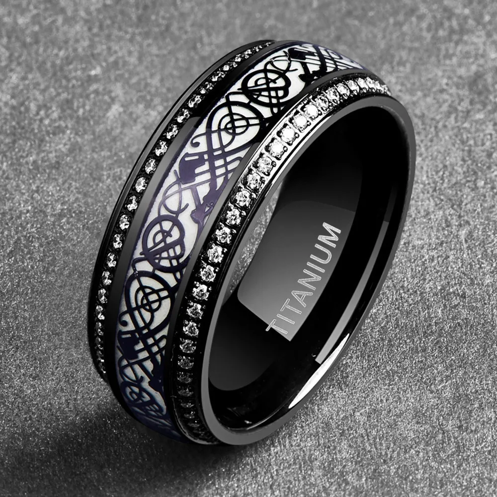 Black Carved Flower Dragon Luminous Titanium Steel Ring for Men Zircon Stainless Steel Ring for Boyfriend Husband Gift