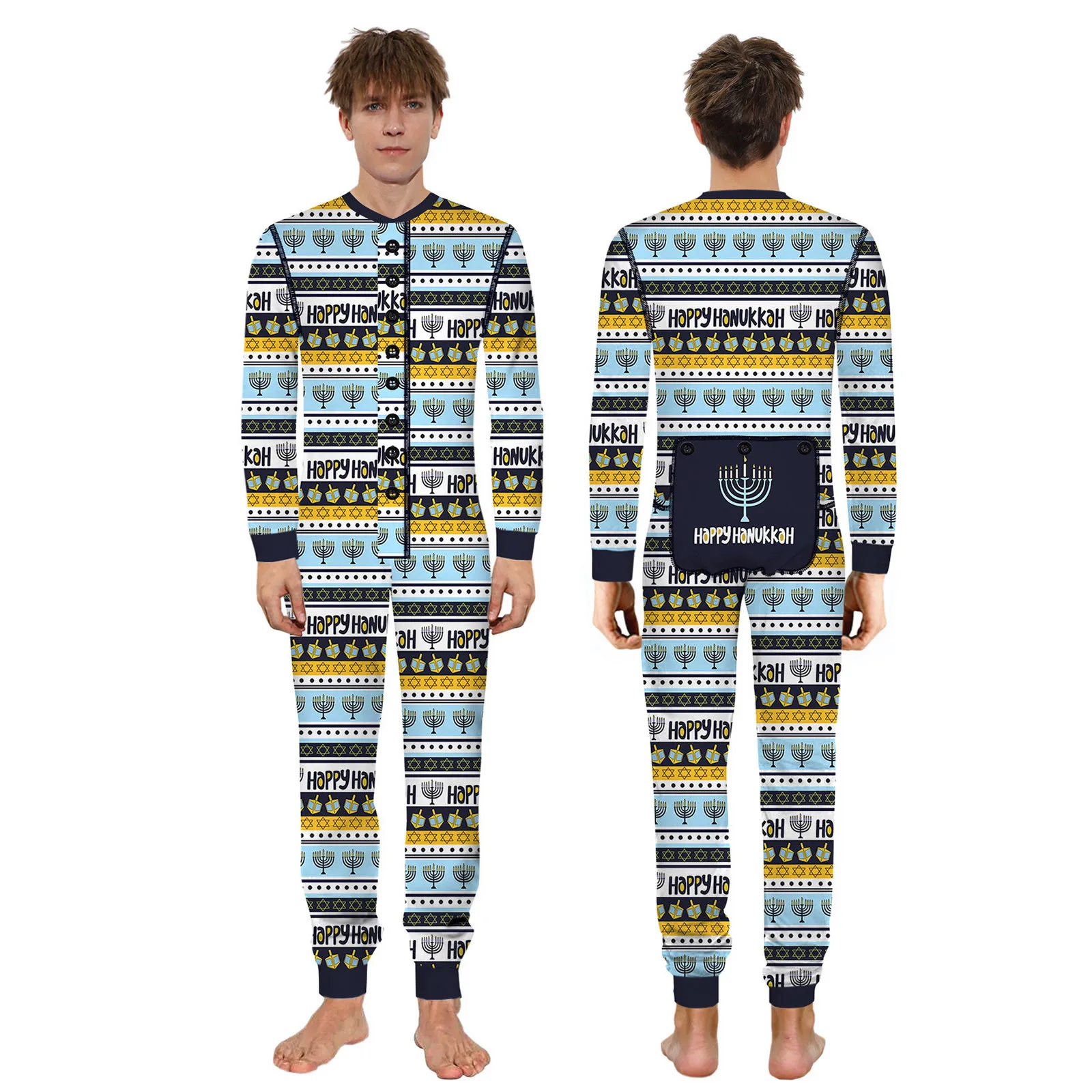 Pijama con solapa abotonada para hombres y adultos, ropa de dormir de manga larga, mono de Navidad, para año nuevo