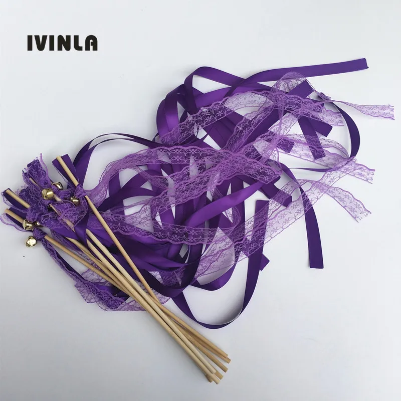 

50pcs of purple Lace Ribbon Wands with gold bell for wedding party