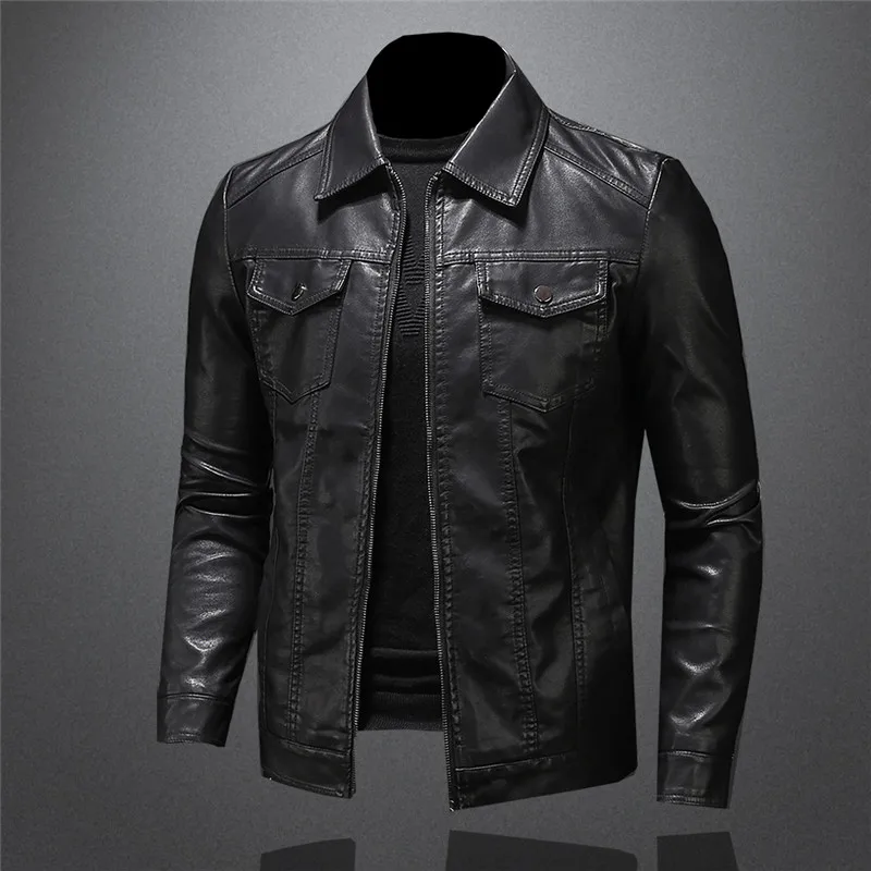 Men\'s Motorcycle Leather Jacket Large Size Pocket Black Zipper Lapel Slim Fit Male Spring and Autumn High Quality Pu Coat M-5Xl