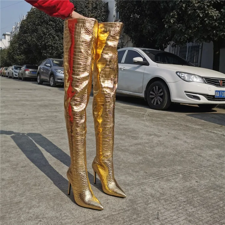 Overknee Stiletto Gold Leather Female Thigh High Crotch Boots Pointed Toe Sexy Ladies High Heel Runway Trendy Shoe Woman Size15