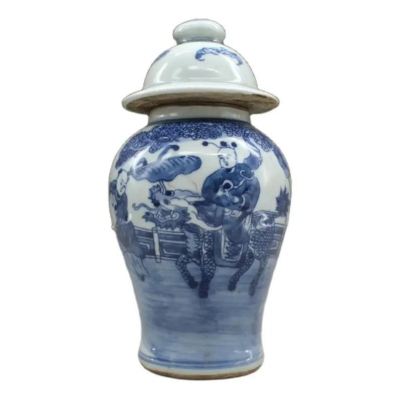 China Old  Blue And White Kylin Songzi Painting Porcelain Lid Pot Jar