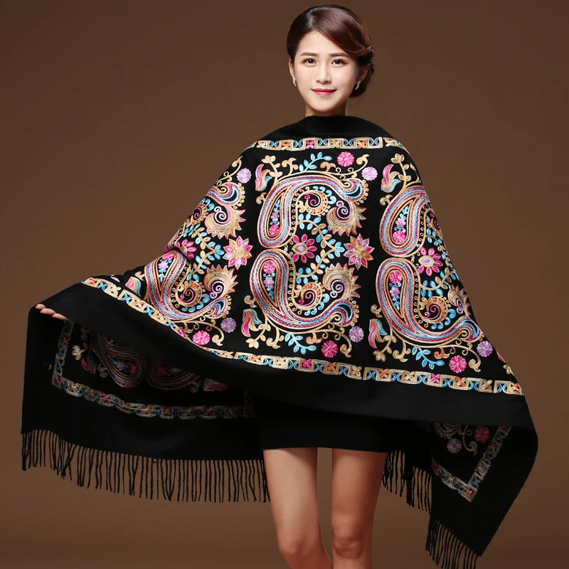 Chal con bordado de flores para mujer, bufanda de Cachemira, Pashmina, borlas finas y cálidas, chal de moda, novedad de invierno