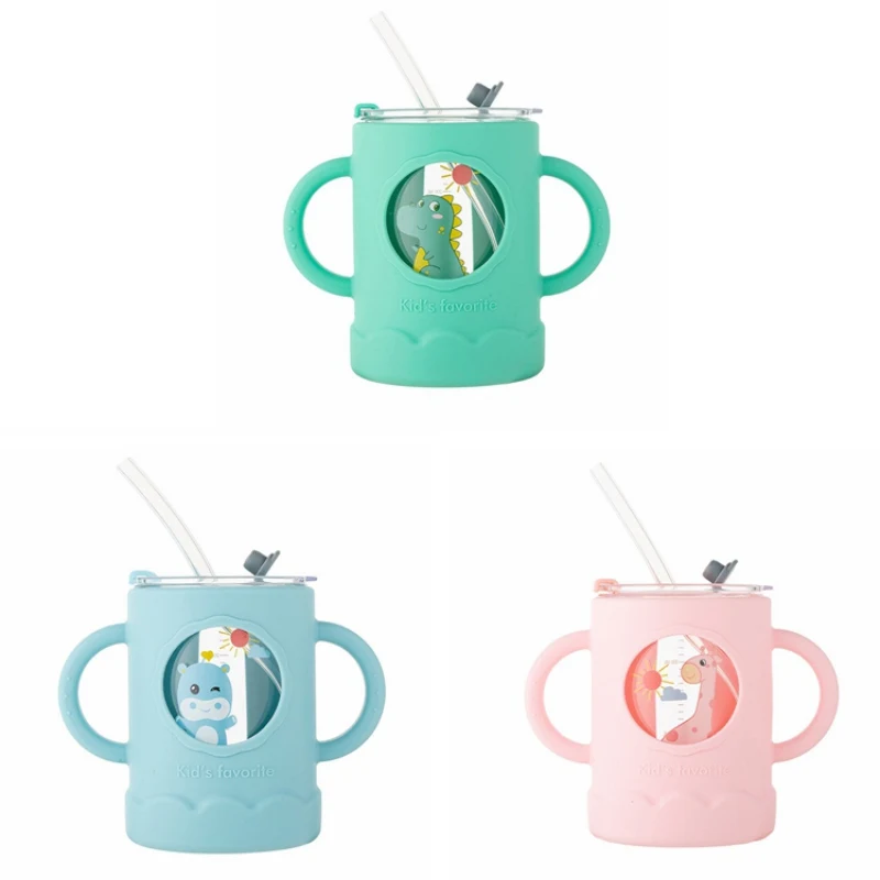 Children\'s Cute Cartoon Anti-scalding Milk Cup Drop-resistant Microwave-heatable Milk Powder Straw Glass Bottle BPA-free