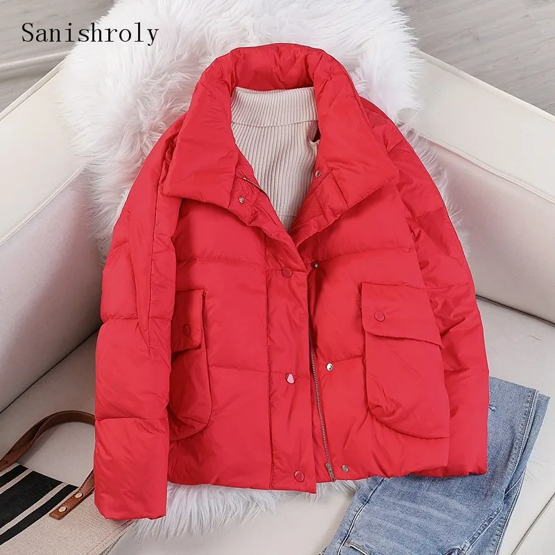 2021 Autumn Winter Coat Women Warm Thicken White Duck Down Coat Ladies Pockets Stand Collar Jacket Casual Loose Down Parkas Tops