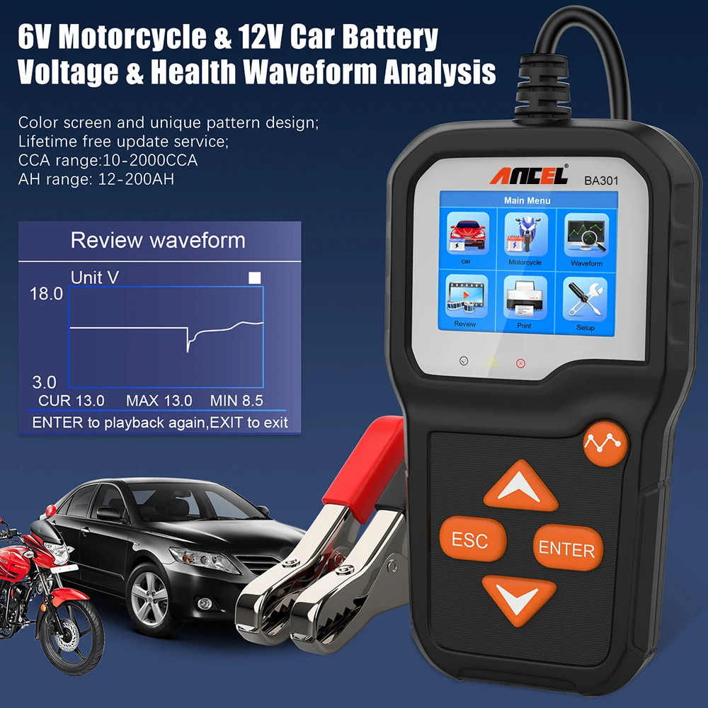 ANCEL-Testeur de batterie de voiture, outils de charge Hurcycles, test de circuit de charge à manivelle rapide, 6-12V, 100-2000 CCA, BA301