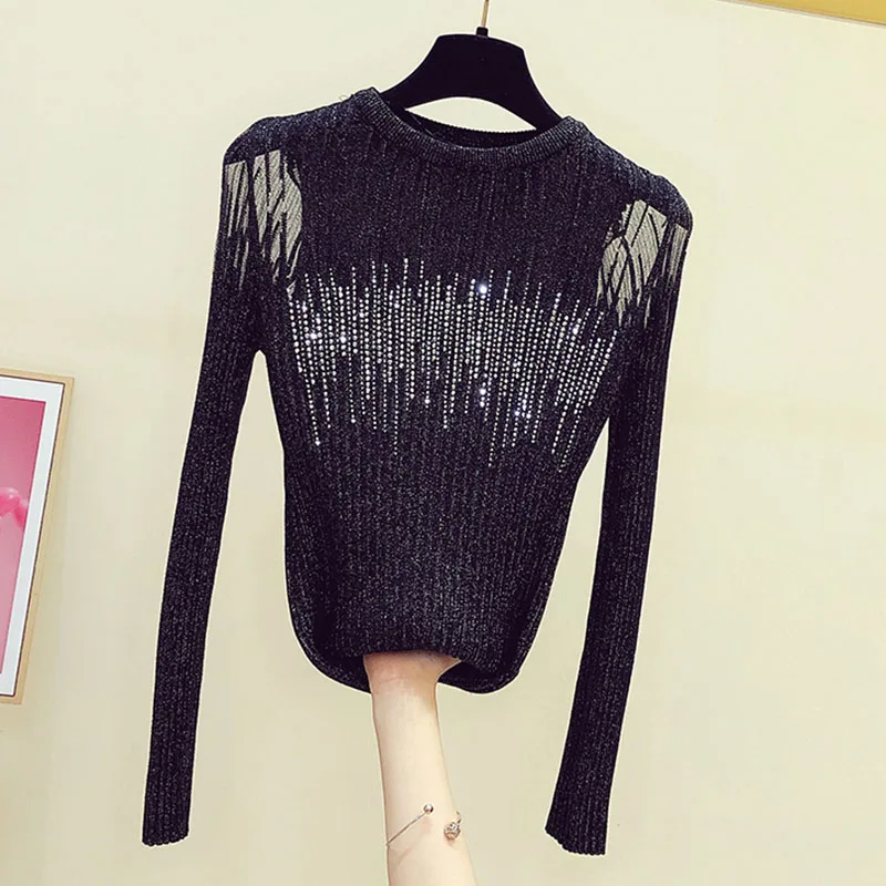 Diamonds Thin Knitted Sweater Women Long Sleeve Hollow Out Sweaters 2023 Autumn Woman Clothes O Neck Slim Pullover Tops Female