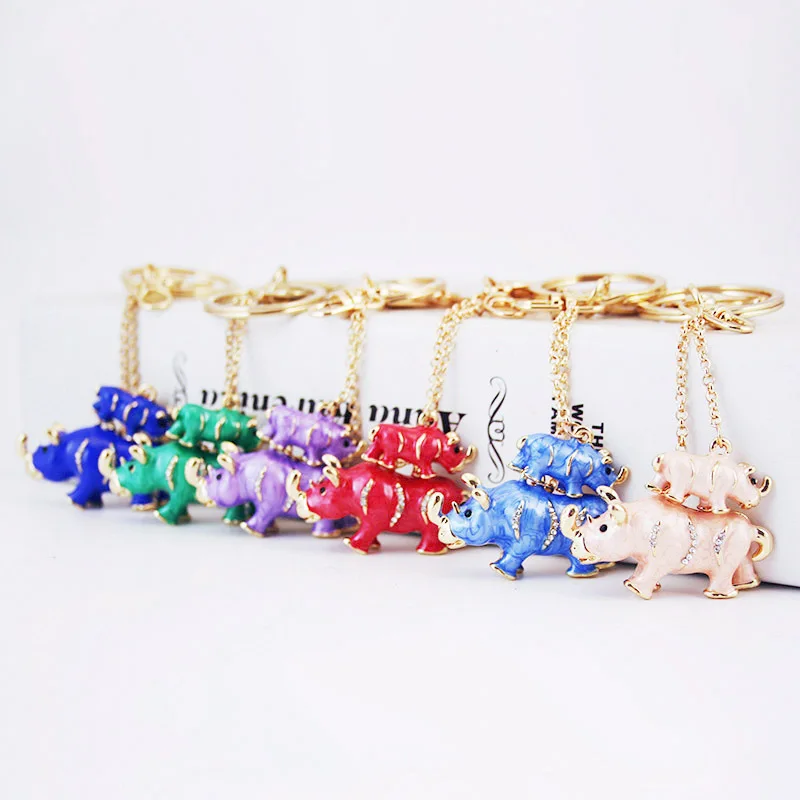 New Arrival Alloy Rhinestone Keychain Rhino Rhinoceros Protection Key Chains