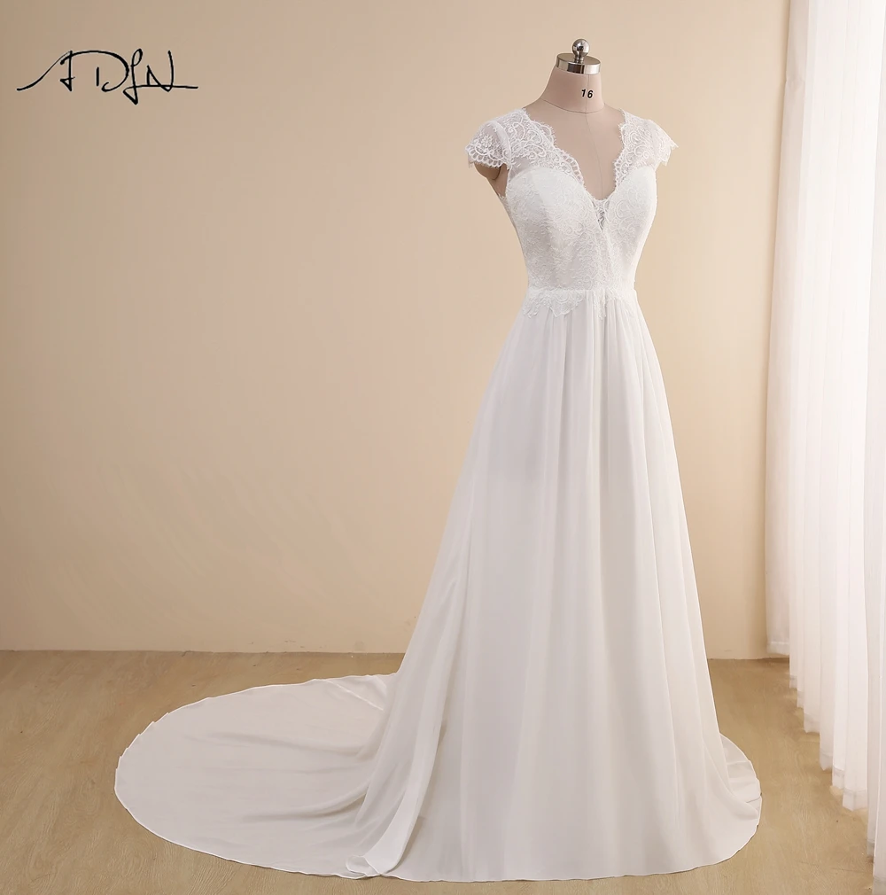 Simple Deep V-neck Boho Wedding Dress Cap Sleeves Vestido de Novia 2021 Custom Made Chiffon Beach Bridal Gown