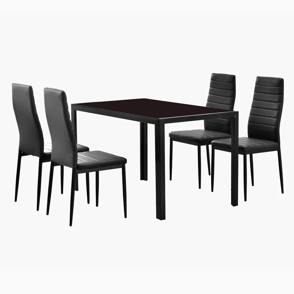 Dining Table Set Simple Assembled Tempered Glass & Iron Dinner Table + 4pcs Elegant Assembled Stripping Texture High Backrest
