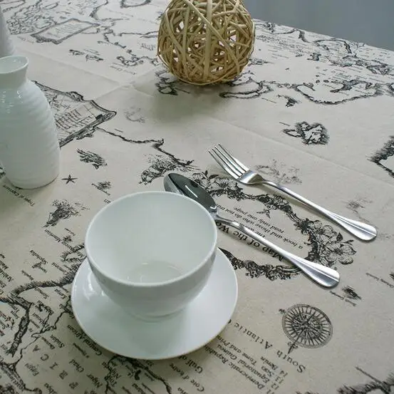Map Tablecloth European style Linen Cotton Functional Table Cloth for Home Hotel Picnic Party Tablecloths Rectangular