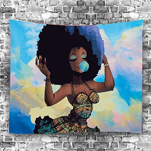 African American Black Girl Colourful Print Wall Hanging Tapestries Polyester Exploding Hair Girl Under Blue Sky