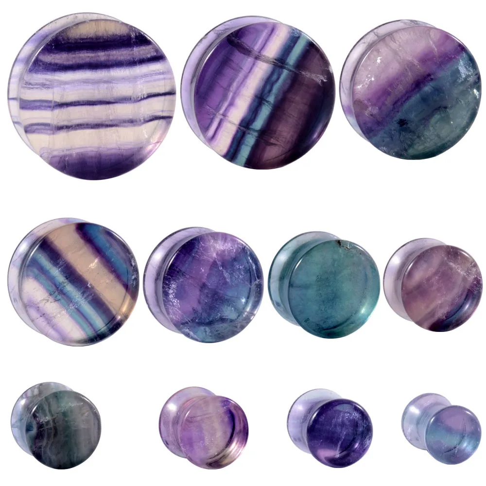 Pair Aurora Fluorite Saddle Ear Flesh Tunnel Plugs Stone Double Flared Ear Expander Ear Gauges Ear Weights Body Piercing Jewelry