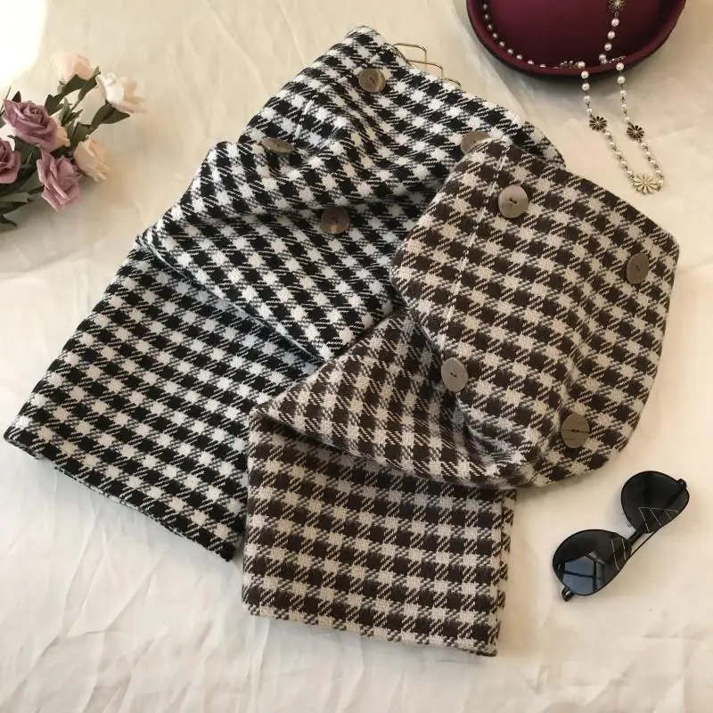 Woolen Winter Skirt Women's Thickened Mid-Length Vintage Plaid Skirt A- Line High Waist Office Lady Skirt Mujer Faldas