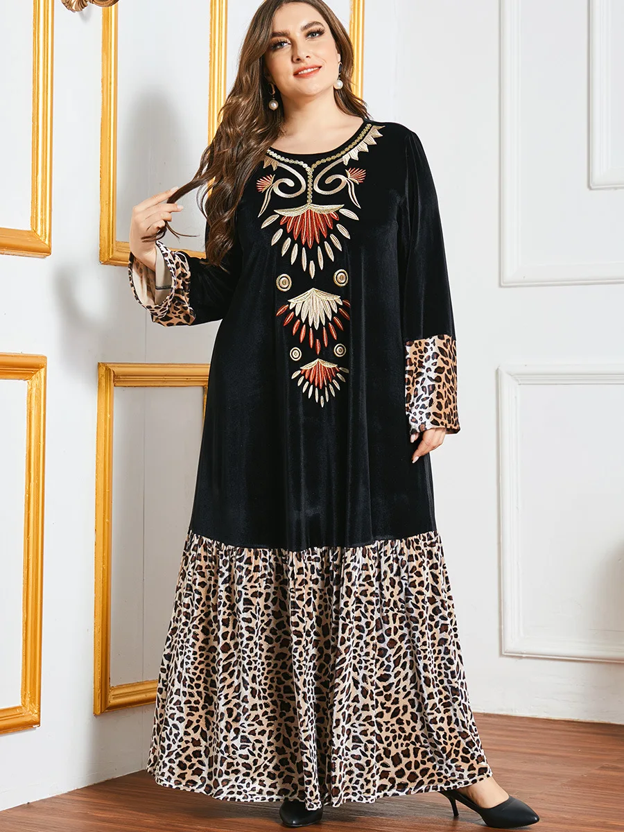 Black Plus Size Velvet Dress for Women Fall Winter 2021 Vintage Ethnic Print Patchwork Long Sleeve Arabic Muslim Clothes Loose