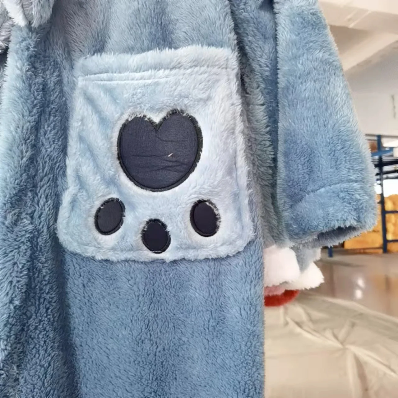 Kawaii Cartoon Rabbit Police Officer Blue Flannel Thickened Long Nightgown For Men Women With Ear Warm Coral Fleece Home Service