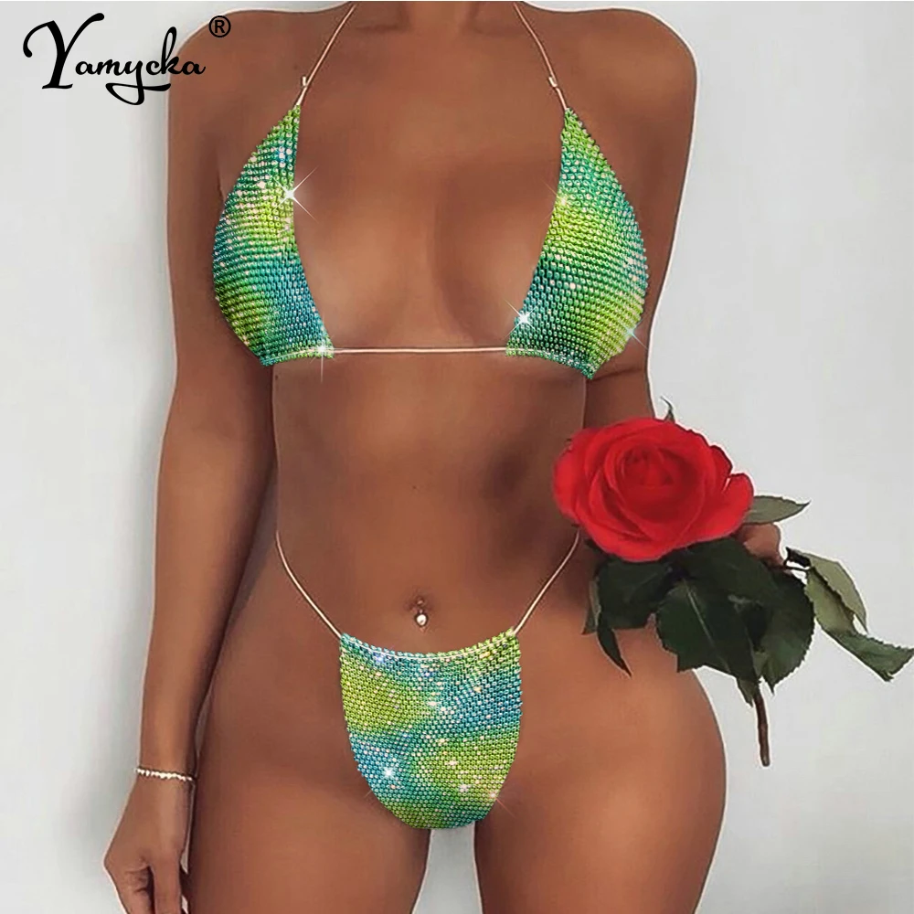 

Sexy string rhinestone micro bikini 2024 women summer beach thong swimwear bikinis sets push up cover swimsuit bathing suit hot