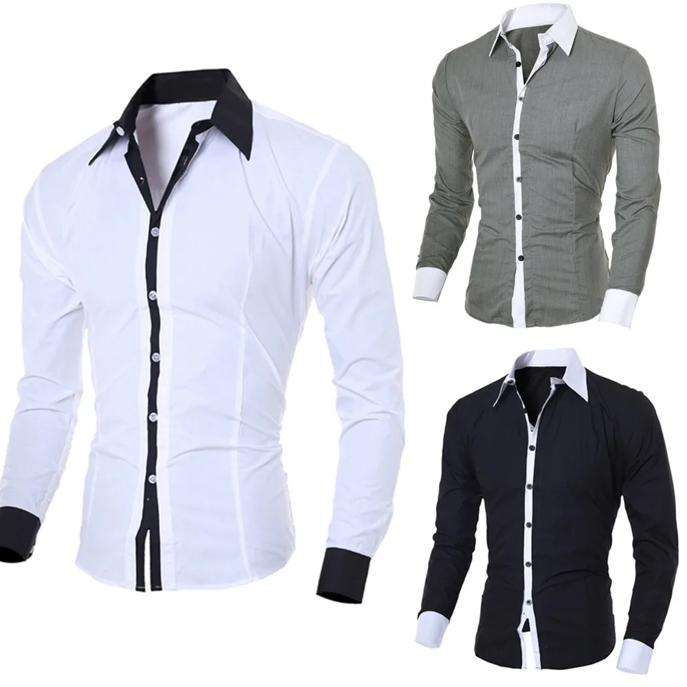 Men White Shirt Patchwork Social Dress Shirt Autumn Spring Solid Long Sleeve Slim Fit Male Top Office Casual Button Shirt 2021