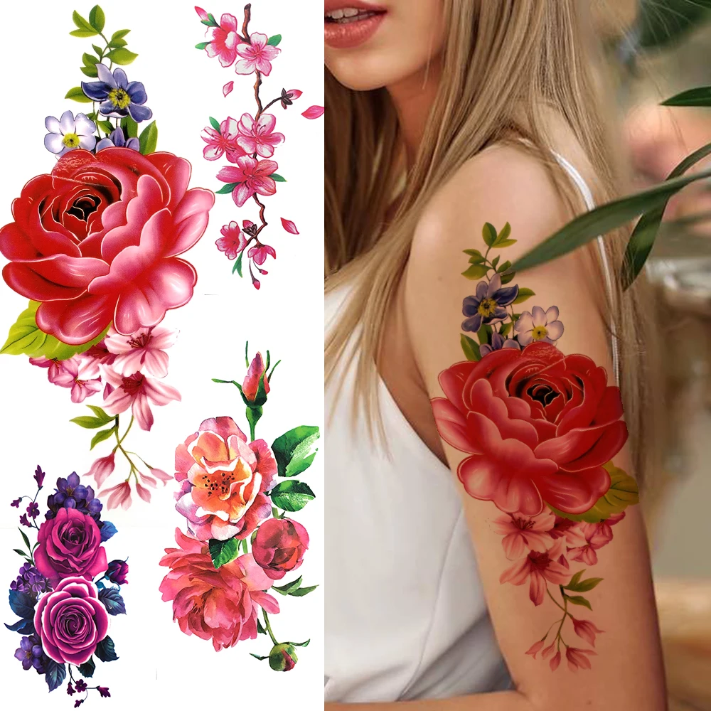 Large Rose Temporary Tattoos For Women Girls Adult Peony Lily Plum Flower Fake Tattoo Stickers Arm Thigh Art Tatoos Waterproof