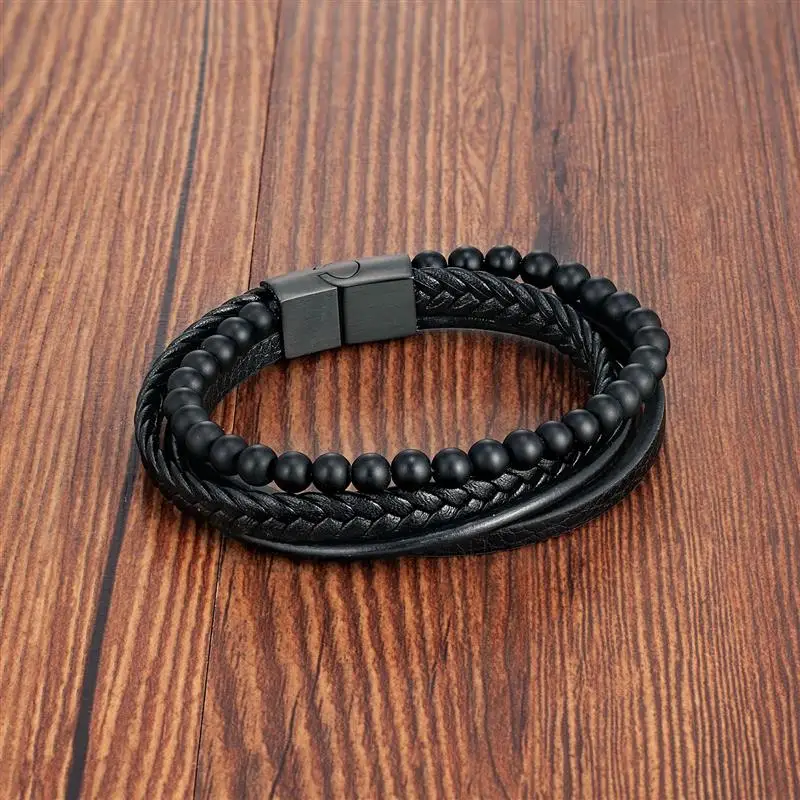 Fashion Volcanic Stone Beaded Mutilayer Leather Bracelet for Men Charm Stainless Steel Magnetic Clasp Wrap Bangle New Year Gift