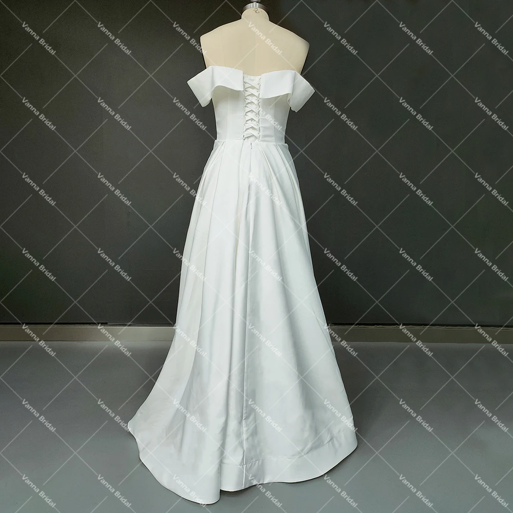 Vestido de novia de satén con abertura alta, vestido de novia Simple, fruncido, entrecruzado, hecho a medida, corsé de tren de barrido, talla grande